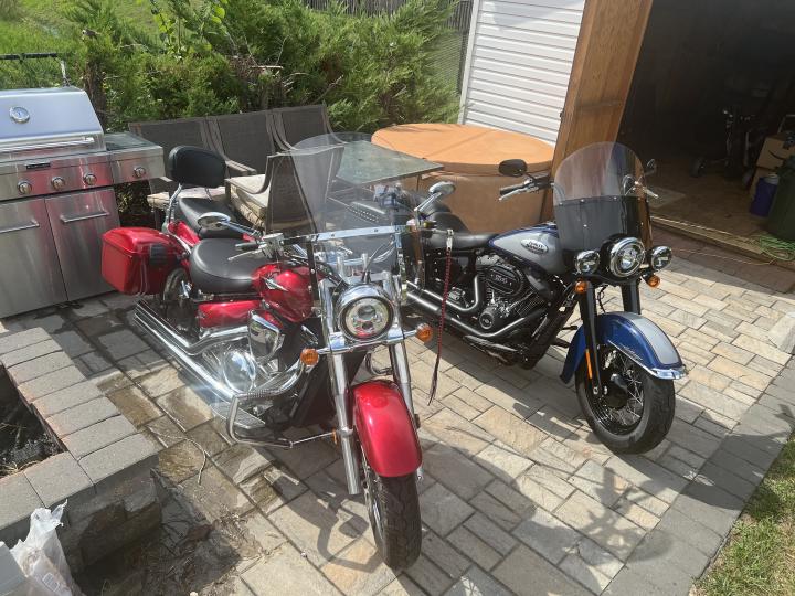 Red Suzuki Boulevard and HD Softail Classic